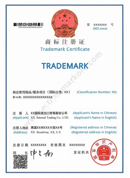 Illustrative sample trademark certificate for China