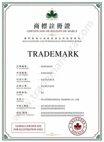 Illustrative sample trademark certificate for Macao SAR, China