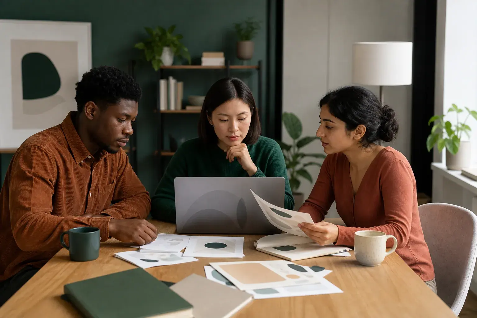 Illustrative scene of professionals reviewing organized trademark evidence together; not actual Trademarkora employees or clients.