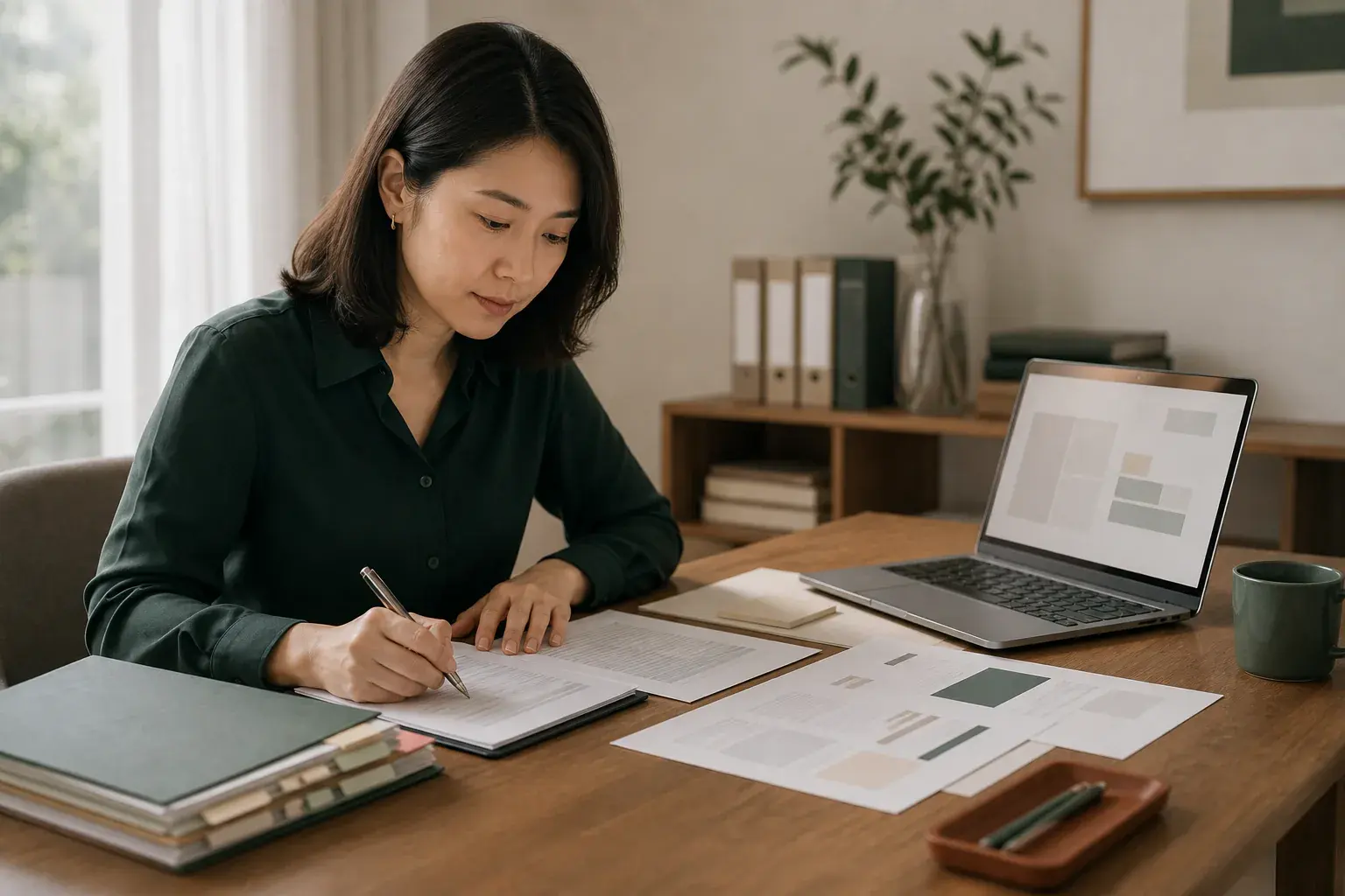 Illustrative scene of a fictional professional reviewing system-organized trademark records and class-preparation notes.