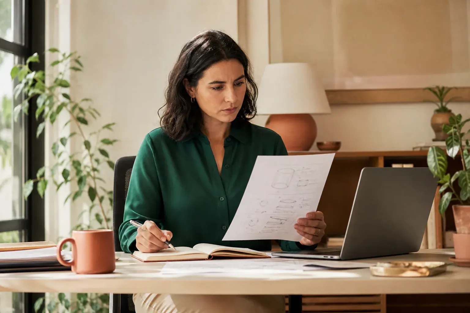Illustrative scene of a professional reviewing an organized trademark brief at a desk; not an actual Trademarkora employee or client.