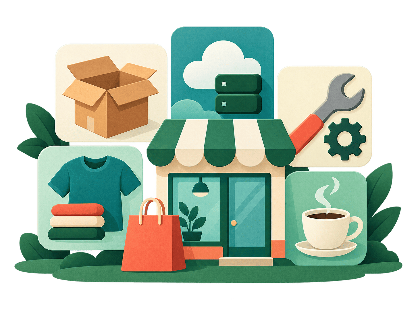 Product and service categories arranged around a storefront