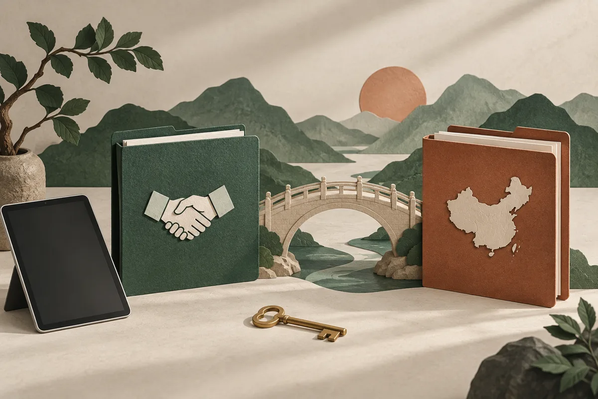 Conceptual illustration of a tablet, separate document folders, a bridge and a key.
