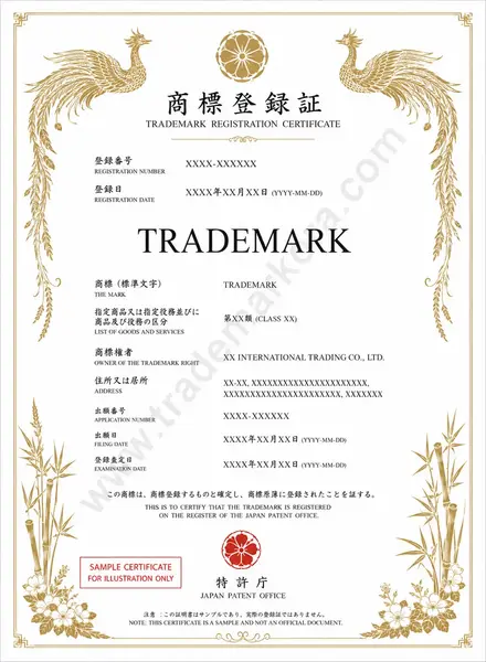 Illustrative sample trademark certificate for Japan