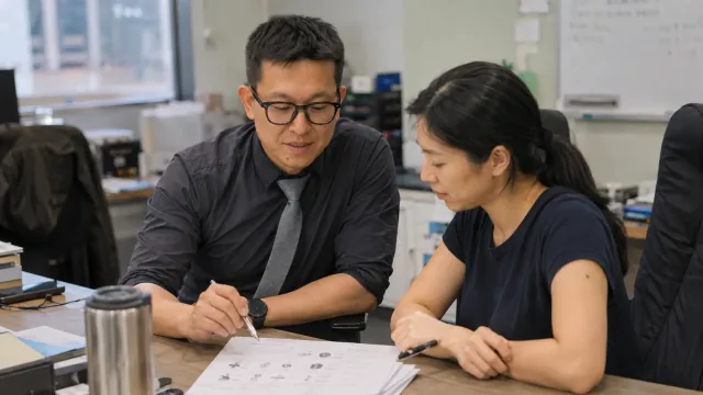 Two people reviewing documents together