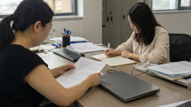 Two people reviewing wording in documents