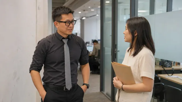 Two people in conversation in an office corridor