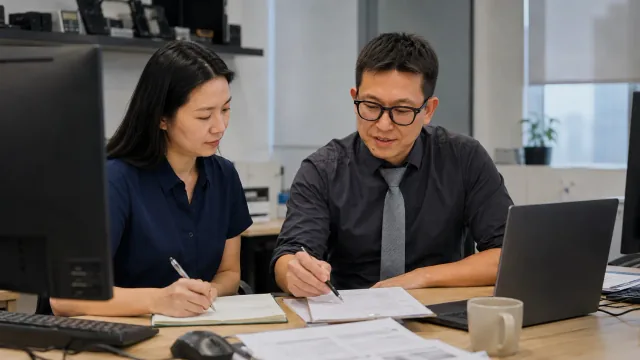Two people reviewing records beside a laptop